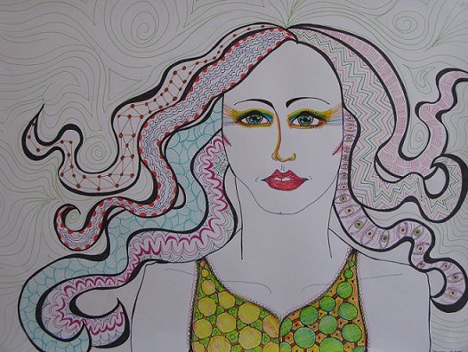 Woman with long patterned hair