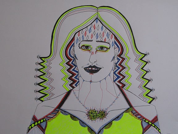 Woman with yellow highlighter and lines on neck