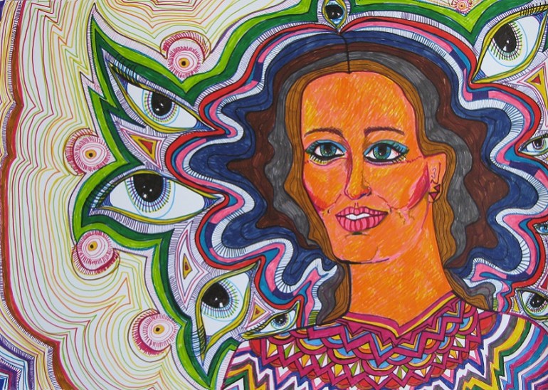 woman with eyes in background joanne pedro drawing 1